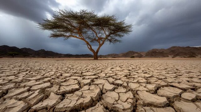 A solitary tree stands resiliently in a cracked, parched landscape under a moody sky, reflecting the impacts of climate change and drought. A powerful visual of nature's struggles.