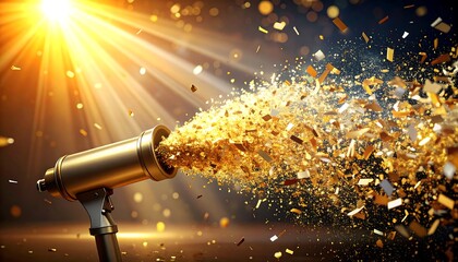 Golden Confetti Cannon Explodes with Glitter Under a Bright Spotlight.