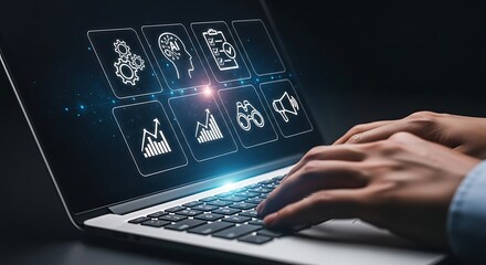 Businessman using laptop with business process management