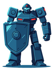 Blue Robot Guard holding Shield Futuristic Cyborg Mascot