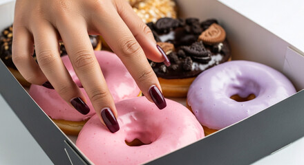 A woman's hand with long, dark red nails reaching for a pink glazed donut in a box of assorted colorful donuts.