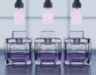 3 Old art deco style perfume or aftershave bottles in clear glass on a window sill against frosted glass window - Apothecary or drug store