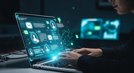 Person using laptop with digital interface overlay