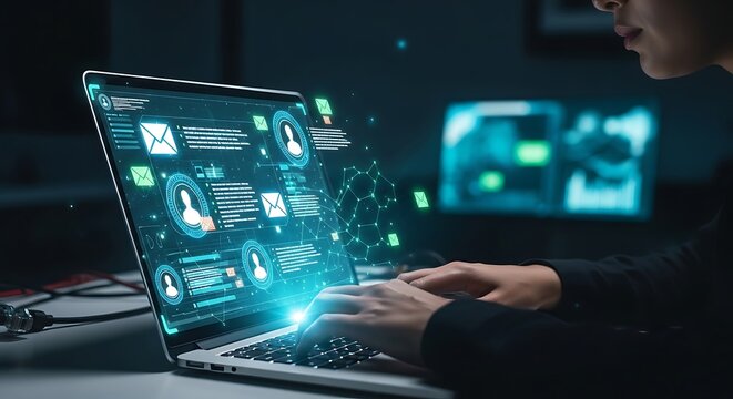 Person using laptop with digital interface overlay