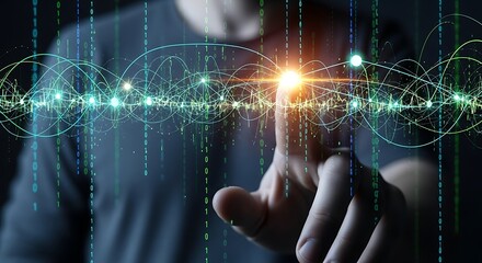 Man touching digital interface with glowing network