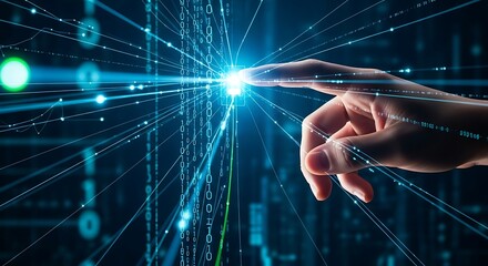 Human hand touching digital binary code and data stream