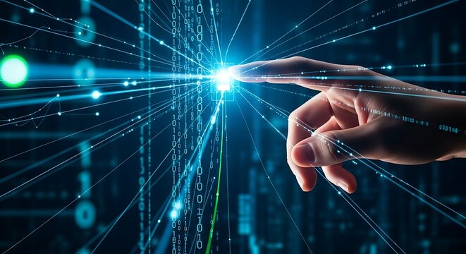 Human hand touching digital binary code and data stream