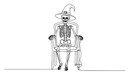 Skeleton in Witch Hat on Chair Outline Illustration