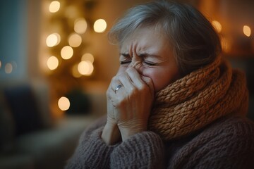 Elderly Woman Sneezing with Scarf, Flu or Allergy