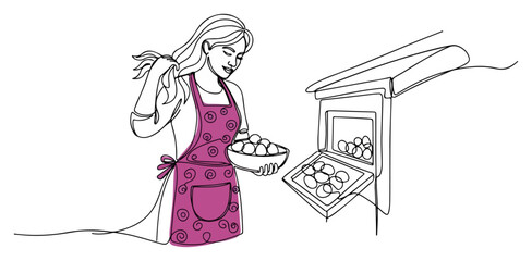 Obraz premium Woman Baker Taking Cupcakes from Oven Line Vector