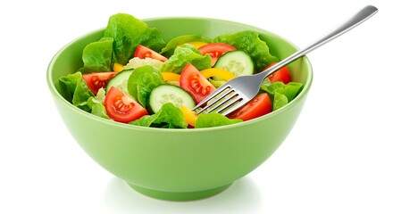 A vibrant green bowl filled with a fresh salad and a fork resting inside on a white background scene