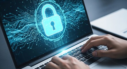 Hands typing on laptop with digital padlock overlay