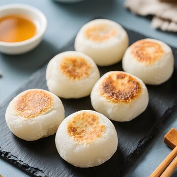 4k high quality Ai generative HD photo realistic fresh baked homemade soft chewy sweet Japanese dango mochi white grilled stick mochiko dumpling rice flour marshmallow bao bakpao pao pia bakpia