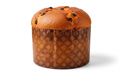 A single panettone cake with raisins in decorative paper on a white surface in a studio setting