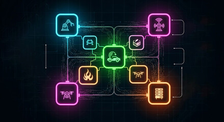 Abstract network of interconnected icons representing various industries and sectors, symbolizing global connectivity