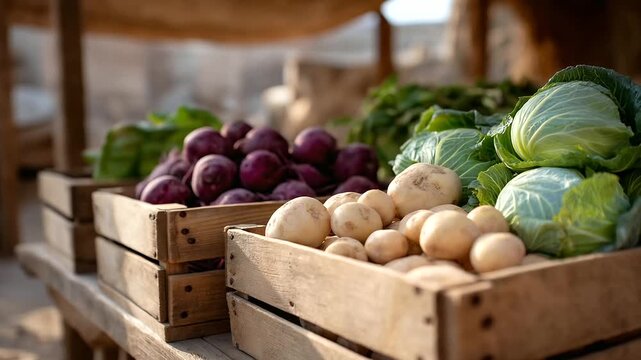 Film set prop design with Russian director stacking beets and cabbage in wooden crates for a period drama cinematic organic produce farm to screen vegetable display eco