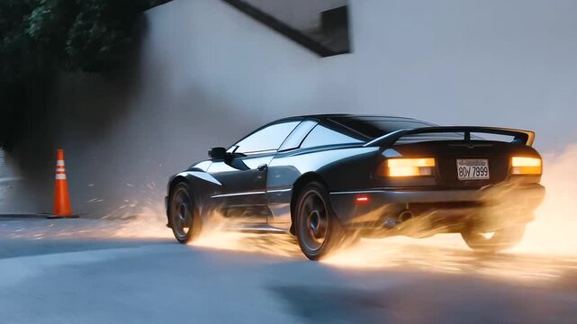 Racers evade a chase on narrow city streets with sirens blaring behind weaving through traffic cones and dumpsters mirrors shattering on close calls and alleyways narrowing