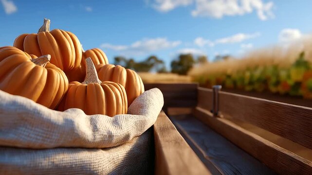 During harvest season a farmer stacks pumpkins their skins rough and ribbed on a wooden cart its grain scarred in a rural field. A canvas sack its weave frayed holds tools