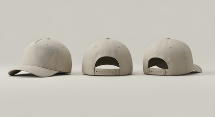 Three beige baseball caps displayed from different angles on a plain background, showcasing their design and structure