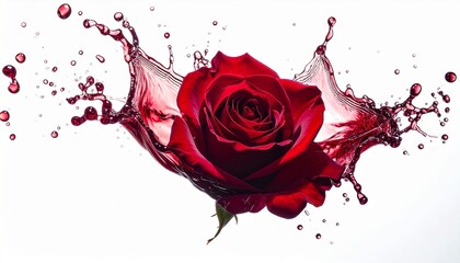 A hyper-realistic splash of red wine frozen mid-air, shaped like a blooming rose, with sharp shadows on a stark white background