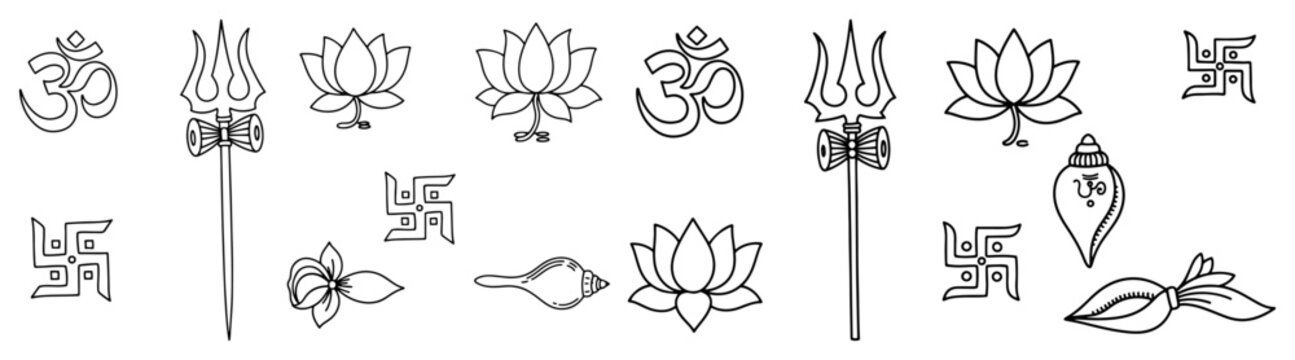 Hindu Symbol Borders Om Trishul Lotus and Swastik
