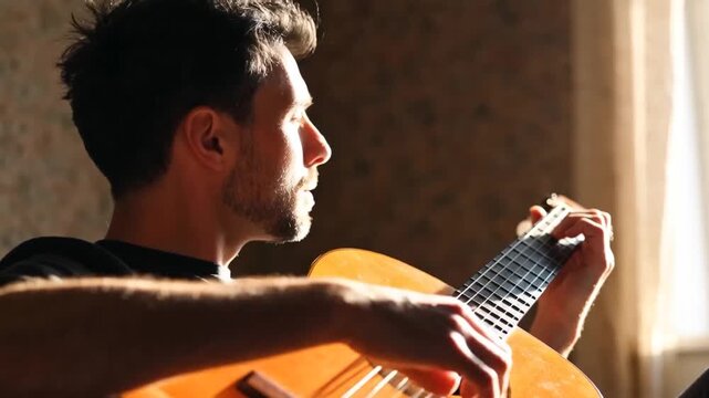 Gros plan d'un homme chantant et jouant de la guitare