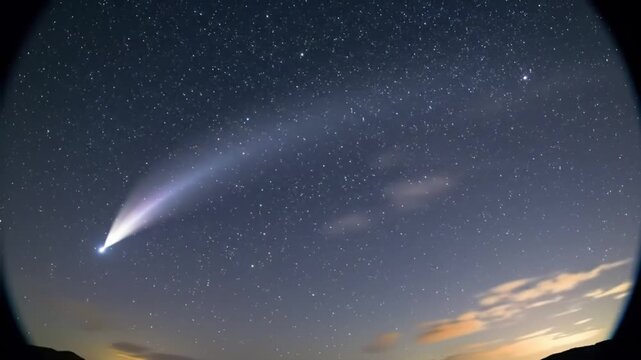 A bright comet with a long glowing tail streaks across a starry night sky above a silhouetted landscape.