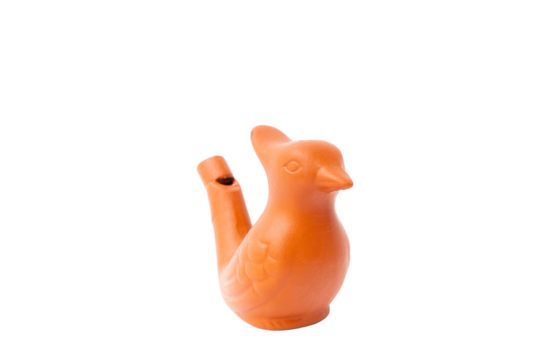 Orange bird-shaped whistle made from clay brings a playful touch to children's rooms. Water should be poured into the toy to get a pleasant sound. Imitation of birdsong.