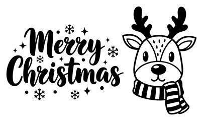 Merry Christmas Lettering with Cute Reindeer Head