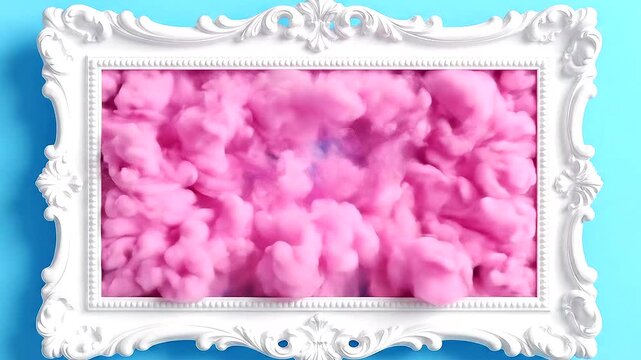 Pink Cotton Candy in a White Ornate Frame on a Blue Background.