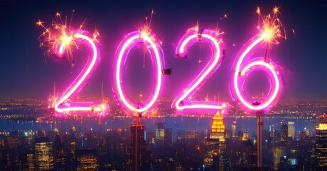 Bright neon numbers display year 2026 above city skyline. Fireworks illuminate festive scene, creating vibrant atmosphere.