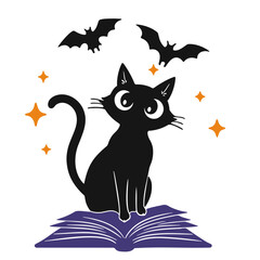 Halloween black cat reading book with bats and stars vector illustration for spooky season design