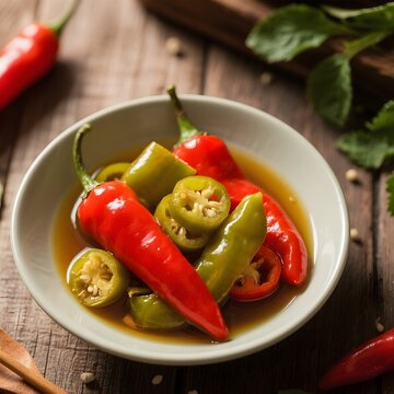 4k high quality Ai generative HD photo realistic food  glass jar red yellow peppers Mexico lombok cabai cabe cuka acar jalapeno chilli big closeup water saus cut potong