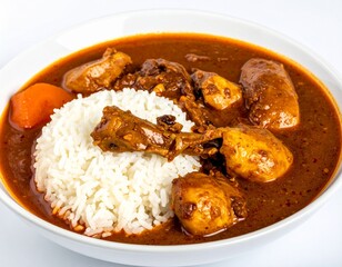Cabidela, the Angolan chicken and rice dish with dark sauce, photographed in minimalist studio setting with white background for authentic cuisine showcase.