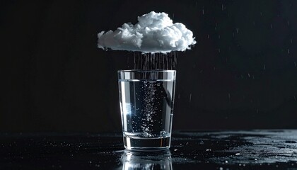 A crystal-clear glass of water with a miniature storm cloud inside it, raining only over the water, on a glossy black surface