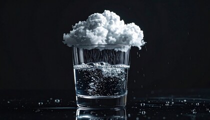 A crystal-clear glass of water with a miniature storm cloud inside it, raining only over the water, on a glossy black surface
