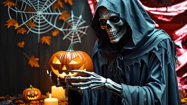A towering grim reaper in a ragged, dark hooded cloak with silver trim and glowing red eyes clutches a carved, luminous pumpkin with a wicked grin, set against a vivid red foil backdrop