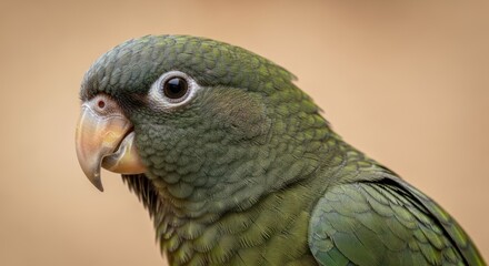 Fototapeta premium Close up of a vibrant green parrot with detailed feathers and curious eyes