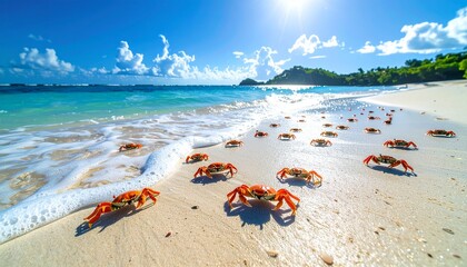 Obraz premium Crabs on Tropical Beach A Sunny Paradise Adventure