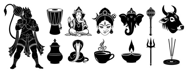 Hindu Festival Icons Set Silhouette