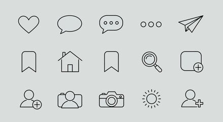 Collection of outlined social media icons, including heart, speech bubbles, and other symbols.