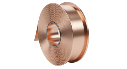 Copper Metal Roll Spool with Coiled Wire on a White Background