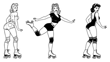 Retro Pinup Roller Skating Girls Line Art