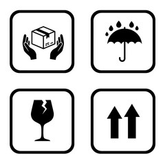 A set of four black and white shipping and handling symbols: Handle with Care, Keep Dry, Fragile, and This Way Up.