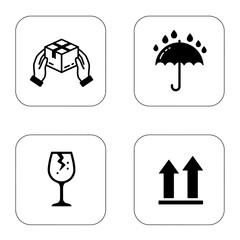 Four black and white icons representing common shipping and packaging instructions like handle with care, keep dry, fragile, and this way up.