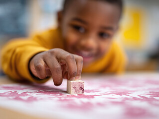 Young boy intently focuses, reaching for a small wooden block. Concept for learning, education, creativity, and early childhood development. Optimistic, joyful image.