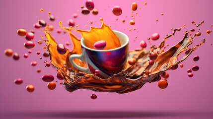 a close-up photograph of a splash of colored coffee or tea, with coffee beans, cinnamon sticks, and other spices floating in the liquid, against a pink background, high contrast, sharp focus, vibrant