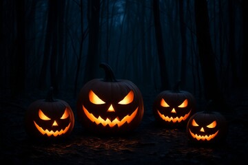 Spooky Halloween Jack o lanterns Glowing in a Dark Forest Night