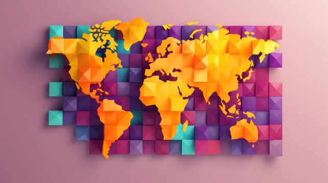 3d abstract world map, vibrant colors, cuboidal geometric shapes, modern minimalist design, digital art, highly detailed
