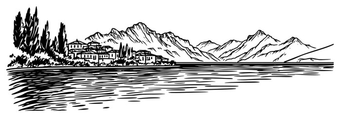 Alpine Lake Village Panoramic Illustration © Katarzyna